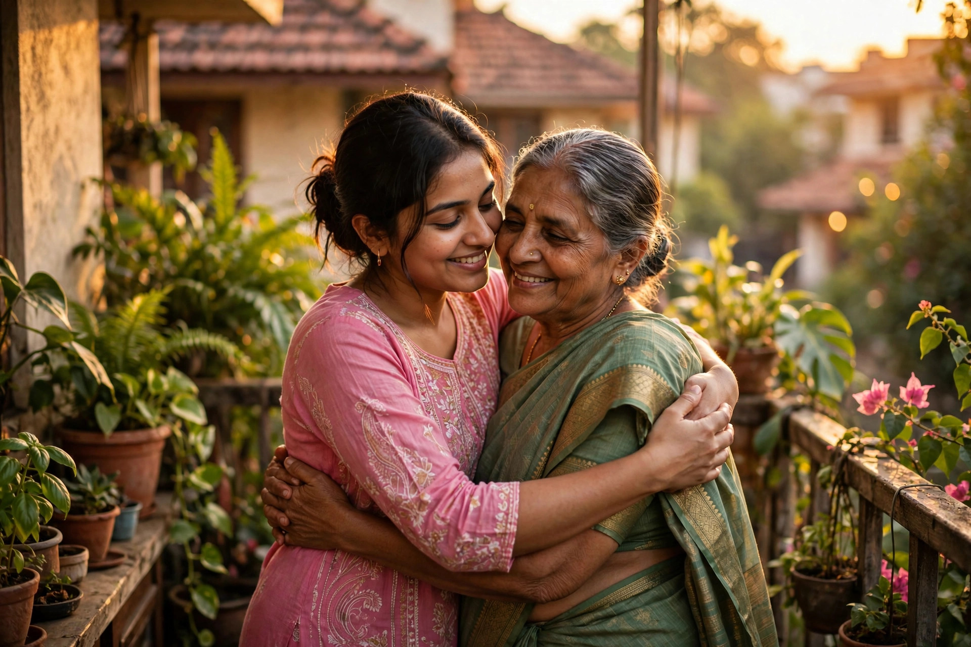 Indian family caregiver with an elderly patient at home