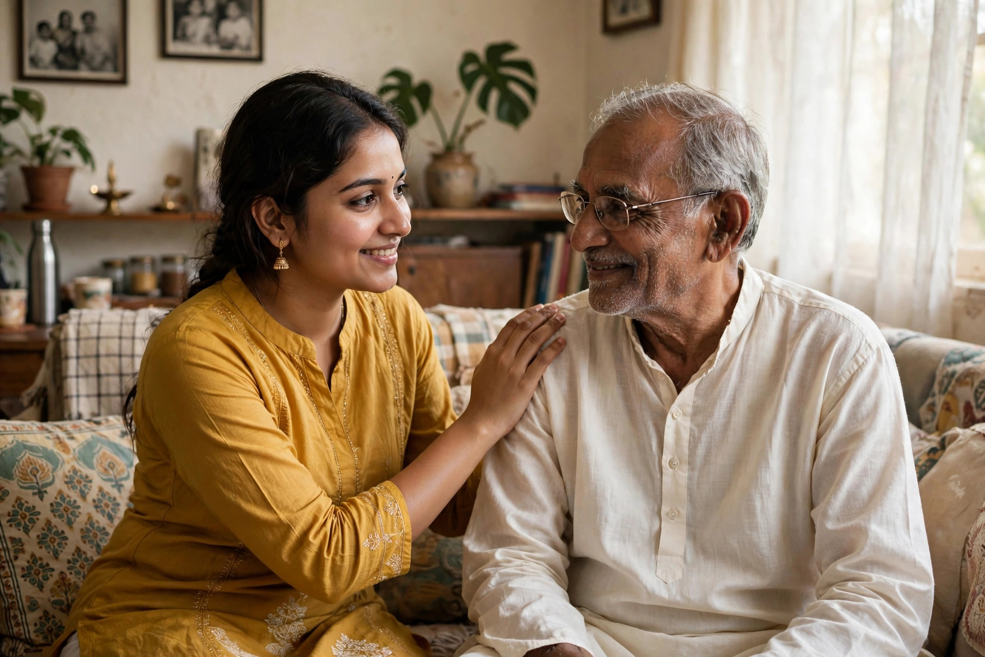 Indian woman caregiver with elderly family member