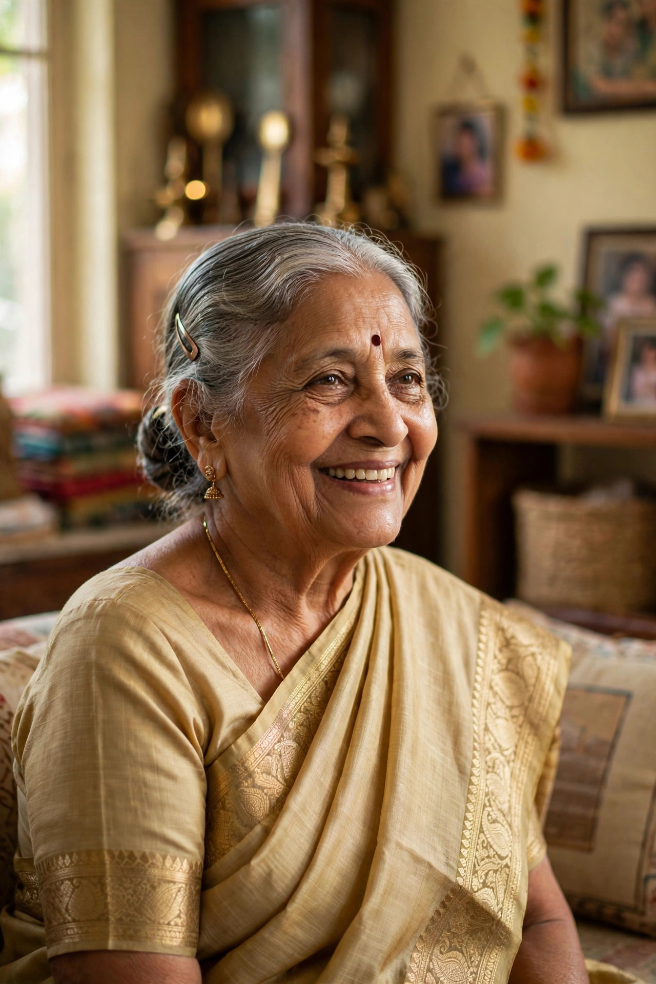 Elderly Indian patient smiling at home
