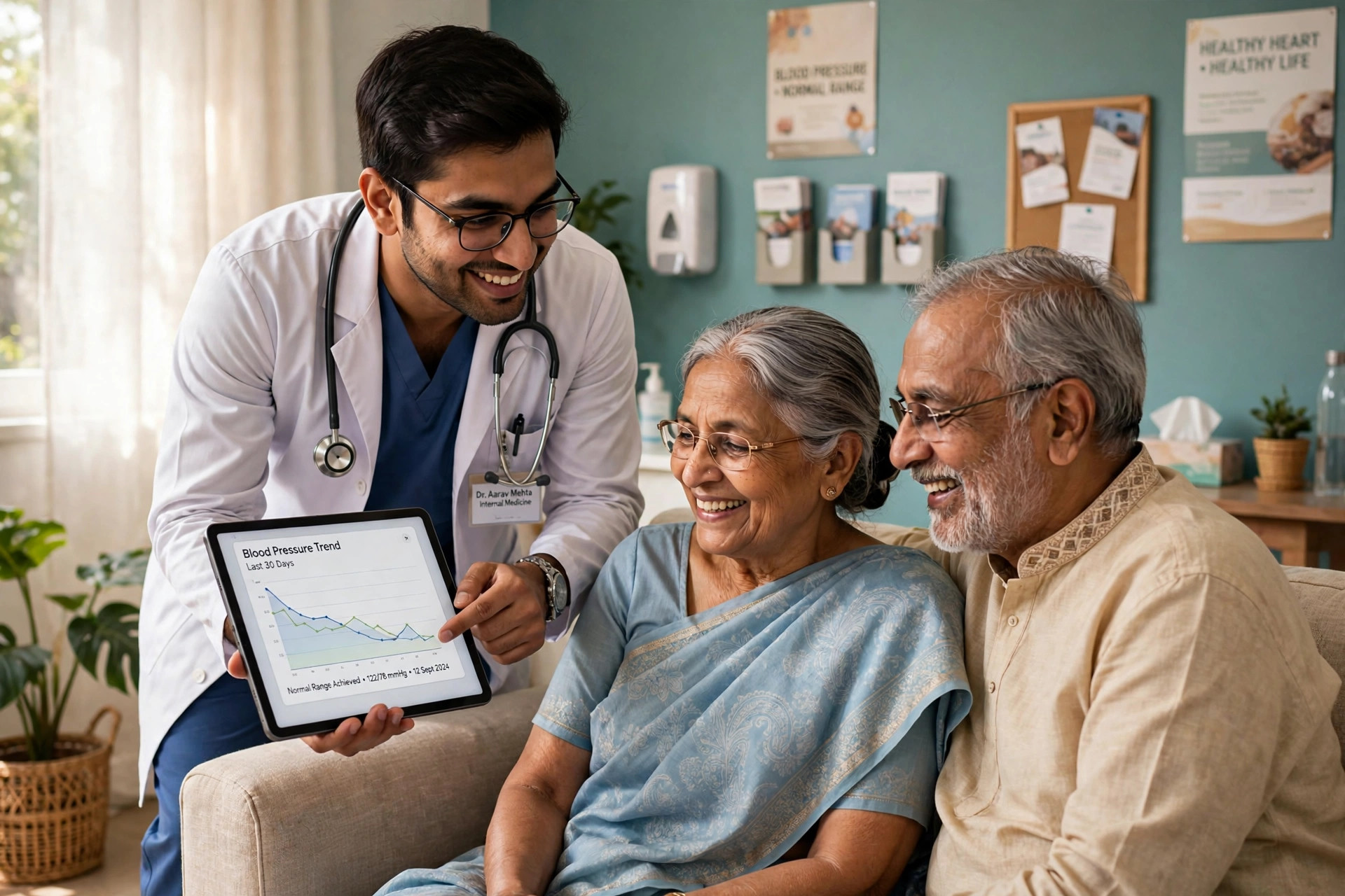 Indian doctor reviewing patient data on tablet